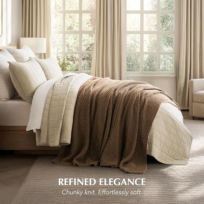 EVERGRACEHOME Chunky Chenille Knit Throw Blanket, 108x92, Camel Brown | Sculpted Moss Stitch, Chic Modern Farmhouse, All-Season Warmth, OEKO-TEX® Certified, Oversized King for Couch, Bed, Sofa