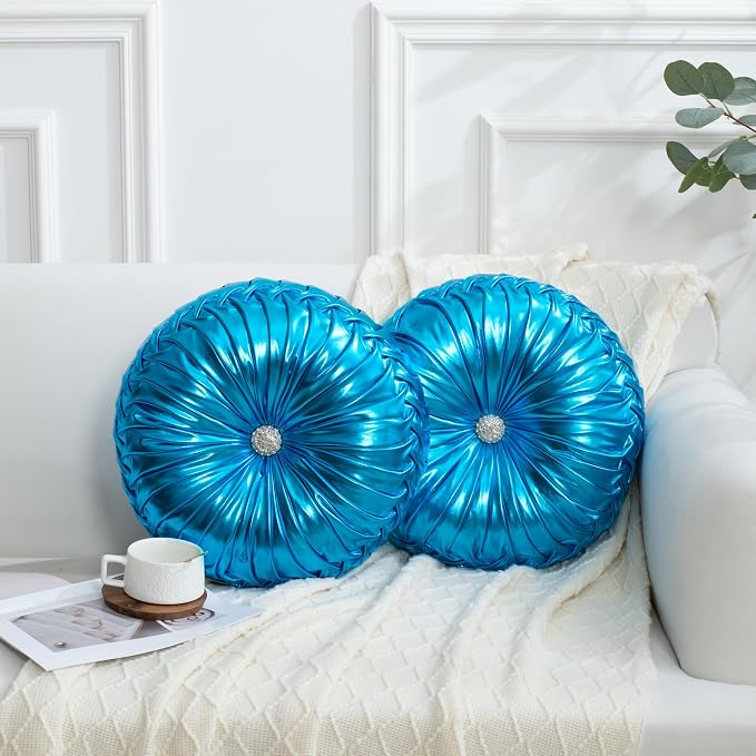 HIG Set of 2 Blue Metallic Leather Decorative Round Pleated Throw Pillows | Vintage Floor Pillows, Classy Accent Pumpkin with Center Button, for Sofa Couch Vanity Chair Bed, 14.5" Diameter