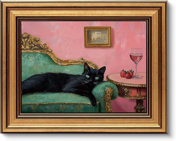 VIYYIEA Vintage Gold Framed Wall Art for Living Room, Black Cat Canvas Prints Home Decor, Oil Painting Picture, Bedroom Wall Decor Gifts for Friends or Family -【Lying Cat】-(10L x 8W)