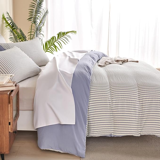 Comforter Set King Size Blue Striped Soft Luxury Washed Microfiber Jacquard 3 Pieces Bedding, White Blue Vertical Ticking Stripes Pattern Comforter with 2 Pillowcases Breathable Durable Comfy