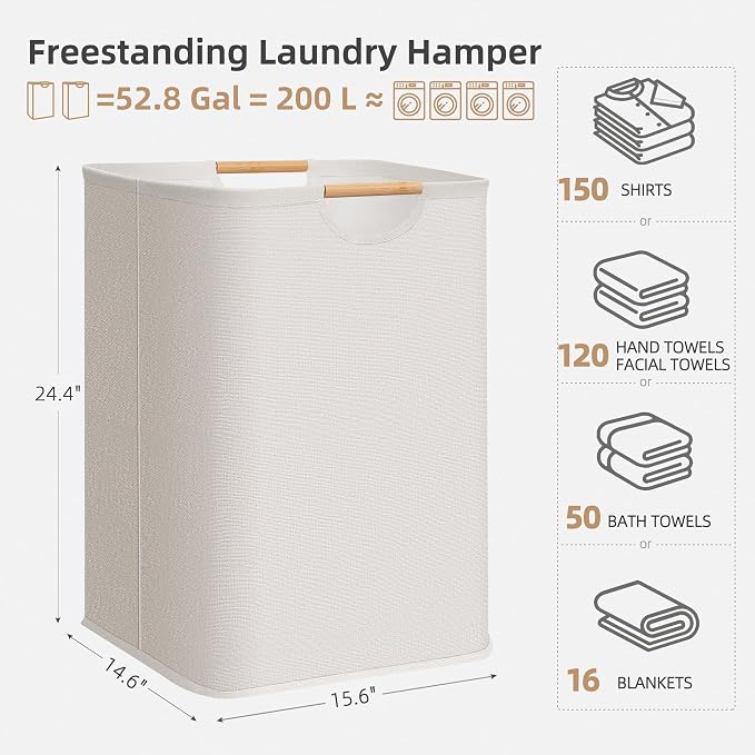 STORAGE MANIAC 2-Pack Large Laundry Hamper, 100L (26.4 Gal) Collapsible Laundry Basket with Bamboo Handles, Freestanding Waterproof Clothes Hamper for Laundry Room, Bedroom, Dorm, Towels, White
