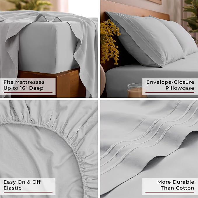 Mellanni Iconic 3-Piece Microfiber Sheet Set (Twin XL, Light Gray) | Double-brushed softness; breathable comfort; 16-in deep pocket; machine washable; OEKO-TEX(R) certified; Lifetime Promise