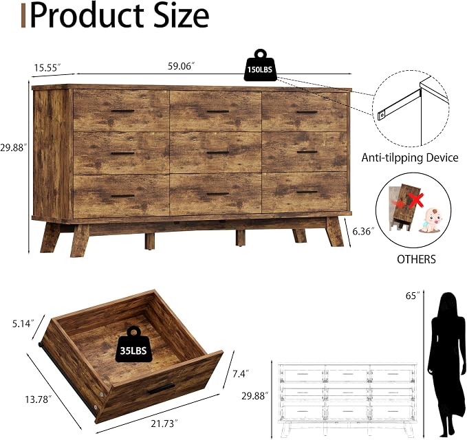 Xixini Dresser for Bedroom, 9 Drawer Wide Modern Chest of Drawers with X-Shaped Sturdy Base, Wood Double Dresser Closet Clothes Storage Organizer, Wooden TV Stand for Living Room, Hallway, Brown