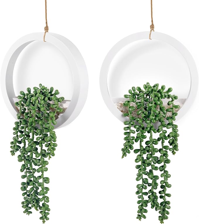 Der Rose 2 Pack 16" Artificial Hanging Plants in White Pots for Wall Decor | Realistic cascading pearls, hanging ropes, shelf display for bathroom bedroom living room boho wall decor，fresh all year