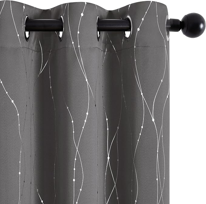 Deconovo 100% Blackout Living Room Curtains 63 Inches Long, Black Backing | Silver Line Foil Pattern Drapes, Thermal Insulated, Room Darkening, Grommet, 2 Panels Set, Light Grey, 42 x 63 Inch