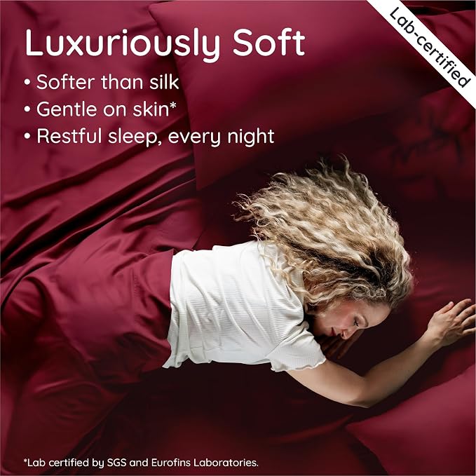 Bambaw 100% Viscose Derived from Bamboo Fitted Sheet Twin XL - Single Fitted Sheet Twin XL, Cooling, Soft & Breathable, Deep Pocket Fits Up to 15" Mattresses, Secure Fit with Elastic Straps (Burgundy)