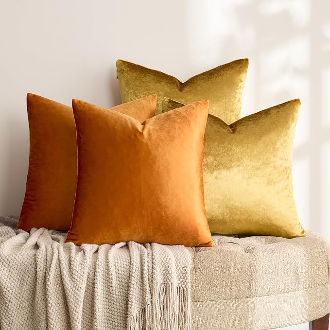 GIGIZAZA Pack of 4 Decorative Velvet Pillow Covers 20x20 Orange Gold | Throw Pillows for Couch Sofa,280gsm Soft Textured Fabric,Modern Accent Pillowcases,Luxury Living Room Cushion Covers