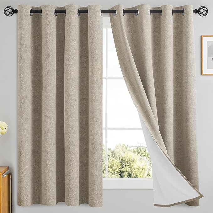 Yakamok Natural Linen Textured Curtains 63 Inches Long for Living Room | 100% Blackout Curtains,Room Darkening Curtains,Thermal Grommet Bedroom Curtain 2 Panels with Greyish White Liner,52W x 63L