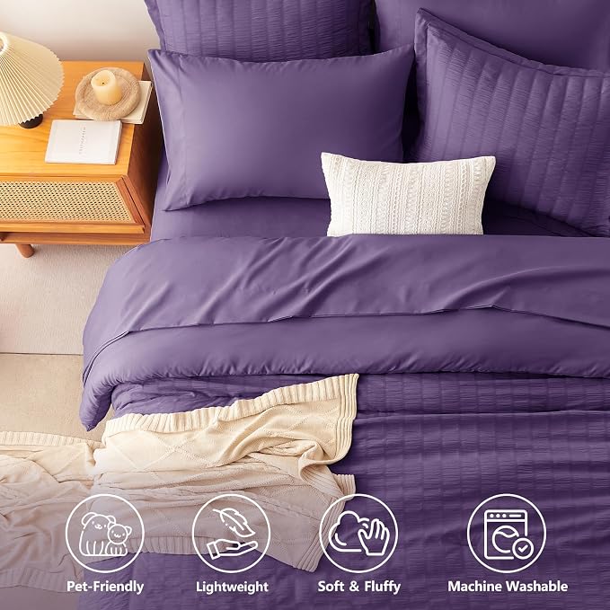 King Size Comforter Set, 7 Pieces Purple Seersucker Bed in a Bag | OEKO-TEX Certified, All Season Bedding Set with 240 GSM Down Alternative Comforter, Flat & Fitted Sheets, Pillowcases & Shams