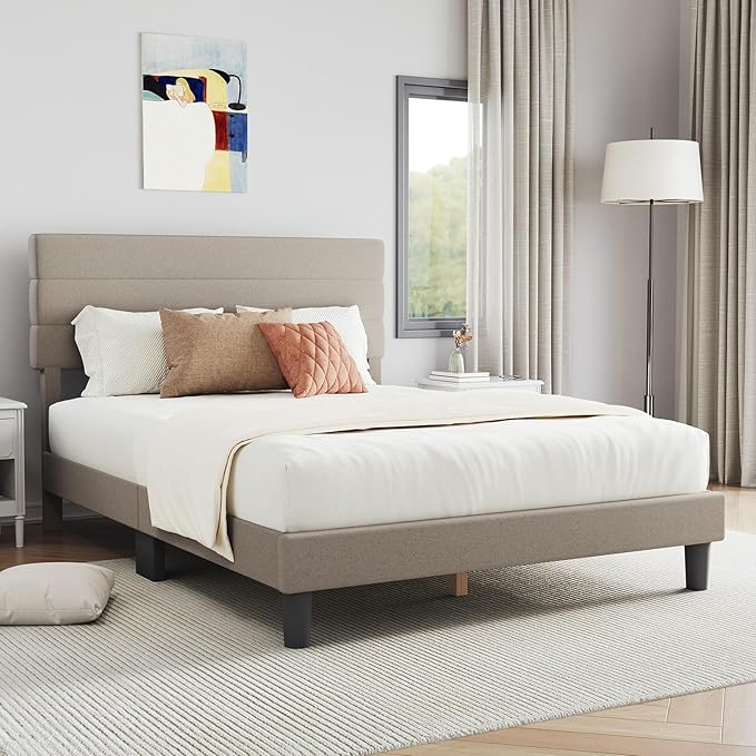 Novilla Queen Bed Frame, Queen Size Bed Frame with Wooden Slats Support, Linen Upholstered Stripe Headboard, No Box Spring Needed, Heavy Duty Feet, Easy Assembly, Beige