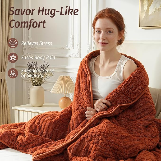 Sherpa Fleece Weighted Blanket for Adults, Orange 60" x 80" 15 lbs | Queen Size Bed, Super Soft Fuzzy Heavy Throw Blankets for Better Sleep and Relaxation, Jacquard Knitted, Chunky Warm Fluffy