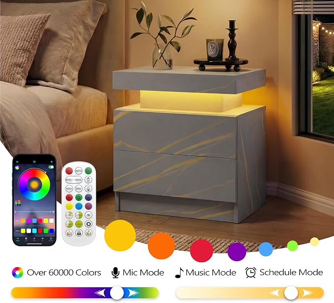 i-aplus Gray Modern LED Nightstand Set of 2 with 2 Wood Drawer for Bedroom | Nightstands with App-Controlled RGB LED Lights, Night Stand with Storgae Drawer, Modern Bedside Table for Bedroom