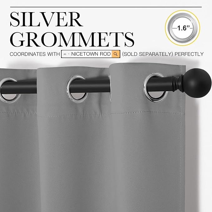NICETOWN Silver Grey Blackout Curtains, 2 Panels, W42 x L68-inch | Thermal Insulated Grommet Kids Window Drape Panel for Nursery Privacy Short Curtains
