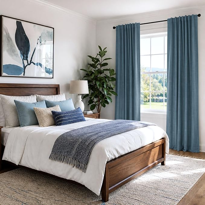 Faux Linen Total Blackout Curtains for Bedroom 102 Inches Long, Stone Blue | 100% Blackout Shield, Back Tab/Rod Pocket Living Room Drapes, Thermal Insulated Blackout Curtains 2 Panels Set, 50"W x 102"L