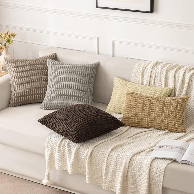 MIULEE Corduroy Decorative Throw Pillow Covers 20x20 Beige Pack of 2 | Soft Boho Striped Pillow Covers Modern Farmhouse Home Decor For Sofa Living Room Couch Bed