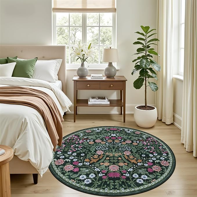 PLHXFR Round Area Rug Living Room: 4 ft Floral Washable Carpet Dark Green | For Bedroom Dining Room Farmhouse Nursery Hallway,Vintage Floral,Machine washable,Non Slip,Stain Resistant,Large Indoor