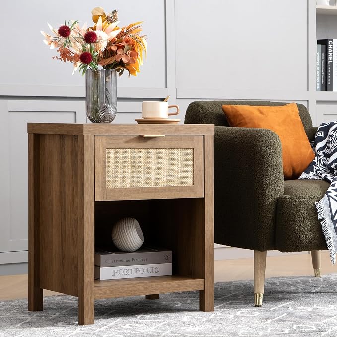 SICOTAS Night Stand Set 2 Rattan Nightstands with Drawer | Boho Bedside Table with Storage Shelf Farmhouse End Side Table for Bedroom, Oak