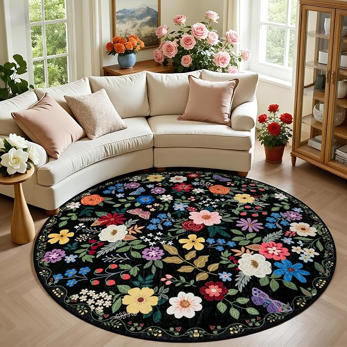 PLHXFR Round Area Rug Living Room: 6 ft Floral Washable Soft Carpet Black | For Bedroom Dining Room Farmhouse Nursery Hallway,Vintage Floral,Machine washable,Non Slip,Stain Resistant,Large Indoor