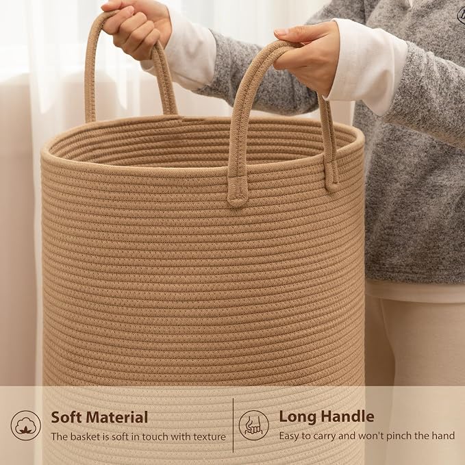 OIAHOMY 60L Nursery Hamper Laundry Basket Laundry Hamper Yellow | collapsible Blanket Basket Cotton Rope Woven Basket Dirty Clothes Hamper Baby Hamper Tall Clothes Hamper with Handles