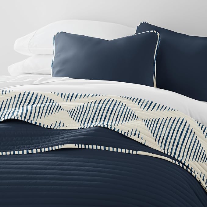 Merit Linens Soft Quilt Coverlet Bedding Set - Pattern/Solid Reversible - Twin/TwinXL Navy