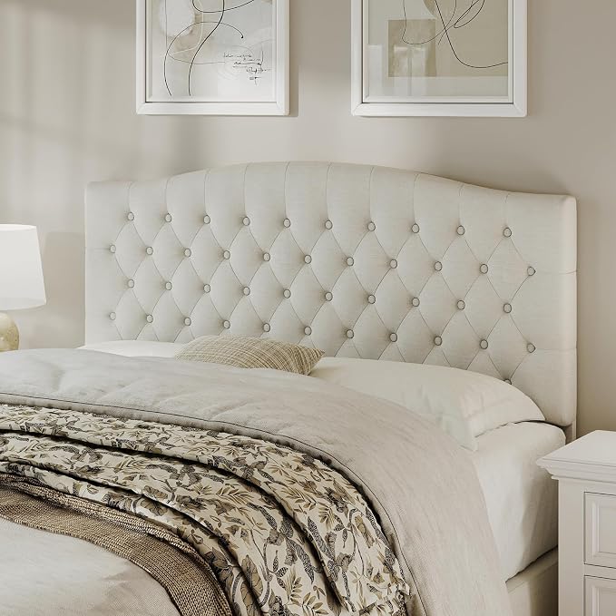 Queen Headboard Only, Linen Classic Tufted Design, Ivory | 2 installation options: 1.bed frame mount 2.wall mount (for adjustable bed), Classic hand-tufted headboard king size