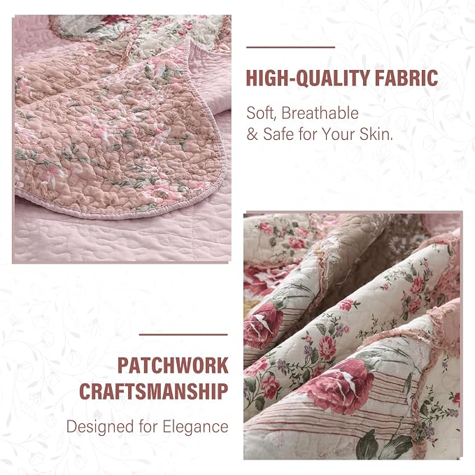 Quilt Set King Size, Cotton Patchwork Pink Floral Quilt Sets, Real Stitched Embroidery Bedspread Lightweight and Breathable for All Seasons, Soft Quilted with 2 Pillow Shams