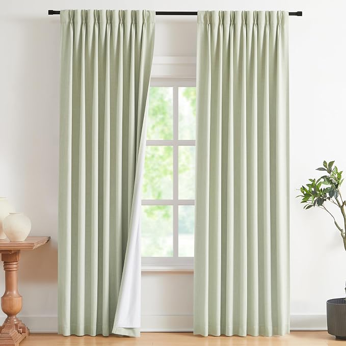 Vision Home Soft Green Pinch Pleated Full Blackout Curtains Linen Blended Room Darkening Curtain Panels 90 inch for Living Room Bedroom Thermal Insulated Pinch Pleat Drapes with Hooks 40" Wx90 Lx2