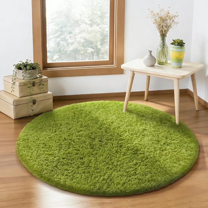 Ophanie Round Rug 4Ft Green Circle Area Rug, Green Room Decor, Fluffy Fuzzy Bedroom Carpet, Plush Soft Shaggy Living Room Rugs for Kids Home Decor Aesthetic, Nursery with 99 pcs Pile fibers