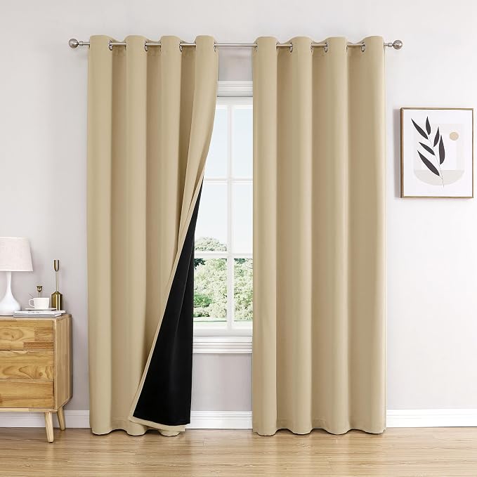 ChrisDowa 100% Blackout Curtains for Bedroom 95 Inches Long 2 Panels Set | 2 Thick Layers, Thermal Insulated, Light Blocking for Living Room, Grommet, Long Window Drapes, Beige, 52 x 95 Inch