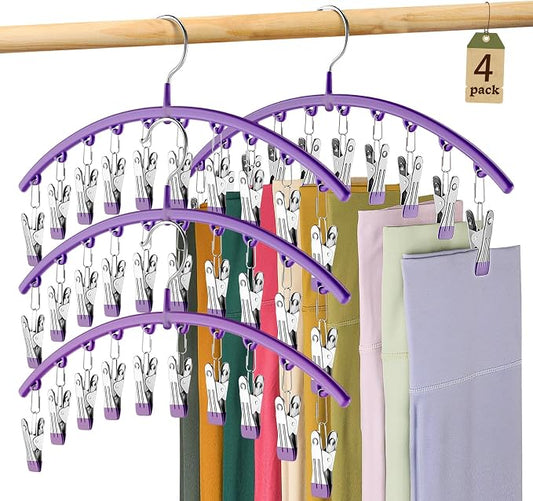 Volnamal Legging Organizer for Closet,4 Pack Metal Yoga Pants Hanger-Purple | Clothes Hanger w/10 Clips Hold 40 Leggings,Space Saving Hanging Closet Organizer College Dorm Essentials Apartment Essential