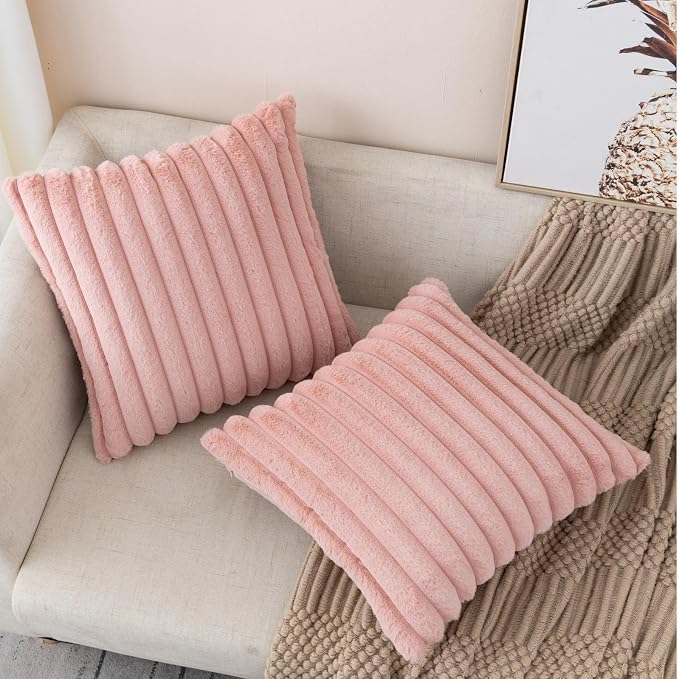 ZLINA Baby Pink Striped Faux Fur Throw Pillow Covers 26 x 26 Inch | 2‑Pack, boho striped pillow covers,velvet back,fuzzy plush cushion covers , for sofa bed livingroom home decor