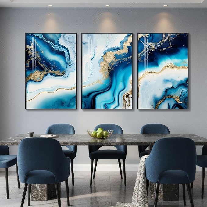 Large Framed Blue and Gold Abstract Wall Art for Living Room, 3 Piece 24x36 | Luxury contemporary pictures, Bright art prints, Modern paintings, Elegant artwork for walls, Wall decor for hallway office