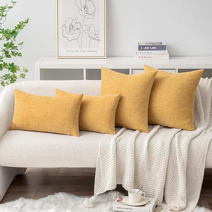 MIULEE Soft Chenille Throw Pillow Covers Beige Yellow 20x20 Inch Pack of 2 | Modern Home Decor, Classic Decorative Pillows, Solid Dyed Cases, Boho Couch Cushion Covers for Sofa Bed Living Room