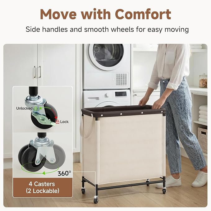 StorageWorks 3 Section Laundry Hamper, 120L Beige Sorter Cart with Wheels | 3 Section Beige Sorter Cart, Rolling Organizer for Bedroom, Bathroom, Apartment, Hotel