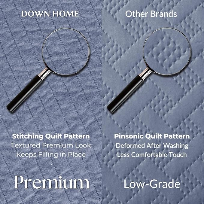 DOWN HOME Queen Quilt Bedding Set with Shams, Vintage Washed Soft Quilted Blanket Thin Comforter Lightweight Bedspread Coverlet Bed Cover, Brushed Microfiber Stripe Stitching, Vintage Denim, 86"x90"