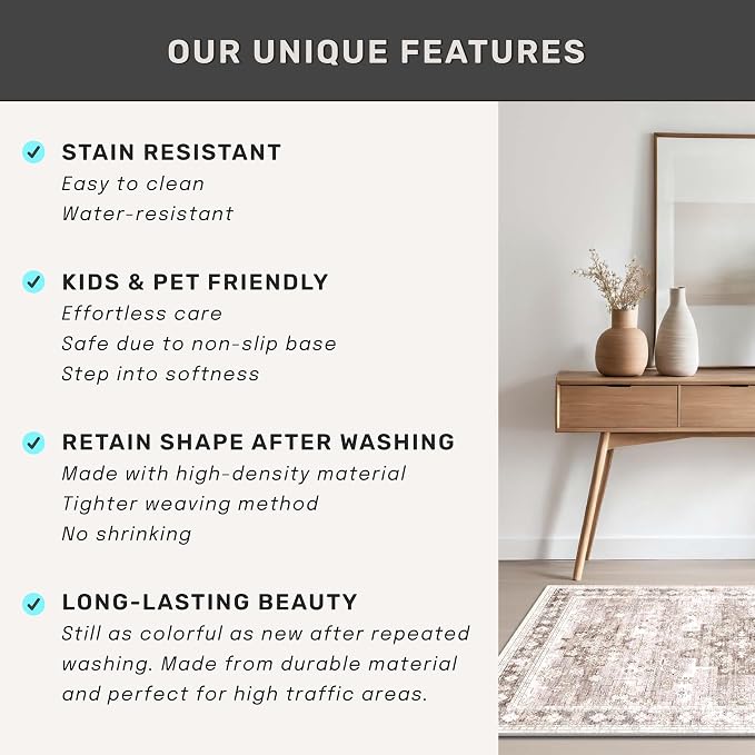Boho 7x9 Area Rug for Living Room - Washable Beige Dining Room Rug Under the Table, Low Pile Non-Slip Rugs for Bedroom, Office - Charming Geometric Decor & Stain Resistance (7x9 Beige/Latte)