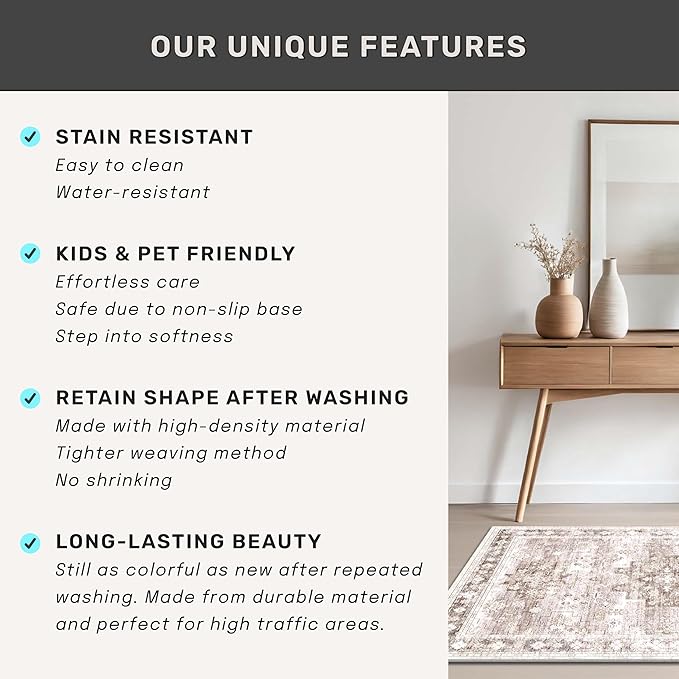 Boho Washable 3x10 Hallway Runner Rug, Beige Waterproof Large Kitchen Floor Rug Indoor, Non-Slip Stain & Fade Resistant, Vintage Floral Décor (3x10 Beige/Latte)