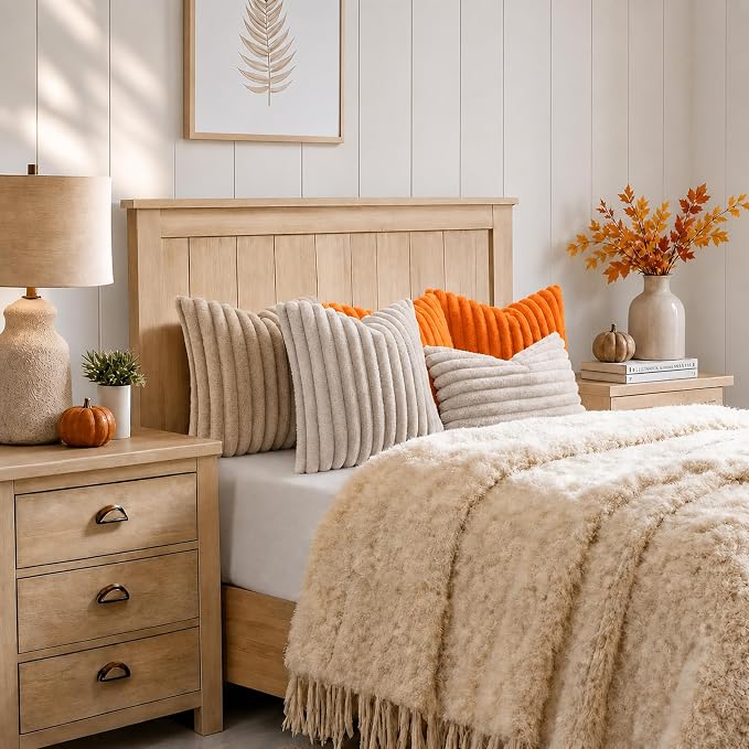 decorUhome Fall Faux Fur Throw Pillow Covers 12x20 Set of 2 Orange | Decorative Soft Cozy Striped Plush Modern Farmhouse Boho Couch Pillow Cases Velvet Back for Sofa Bed Living Room Home Decor