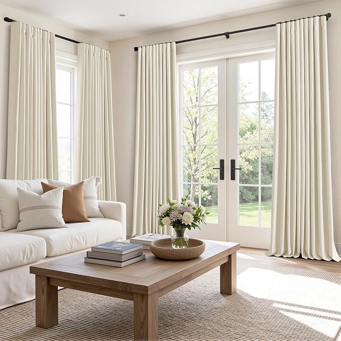 MIULEE 100% Blackout Back Tab Pleat Linen Curtains 50" Wx84 L,Light Cream | 2 Panels,Thick Faux Linen,Floor to Ceiling,with Hooks,for Bedroom Living Room,Black Out,Room Darkening
