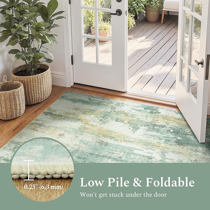 Rugflix 5x7 Area Rugs for Living Room, Washable Light Green Large Rug | Machine Washable; Stain-Resistant; Low Pile; Non-Slip; Modern Abstract; Carpet for Bedroom Dining Office Nursery Home