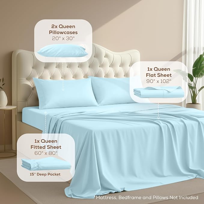 Queen Sheets Set, 4 Pieces 16" Deep Pocket Hotel Luxury Bedsheets, Ice Blue | Extra Soft Bedsheet Set, Comfy & Breathable Cooling Sheets, Wrinkle & Fade Resistant, Fitted Sheet, Flat Sheet, 2 Pillowcases