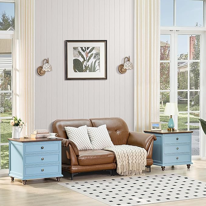 Joaxswe 24" Wide Farmhouse Night Stand Set of 2,Large End Table with 3 Drawers & Metal Handle,Wood Dresser for Bedroom Cabinet,Light Blue Bed Side Table Chest of Drawers,Nightstand for Living Room