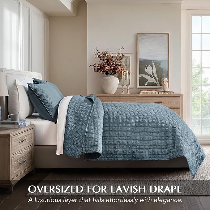 EVERGRACEHOME Cotton Sateen Windowpane Quilt Set King Size, Sonoma Blue | 100% Cotton, Pre-Washed Soft Coverlet Bedspread, 3-Piece Lightweight Bedding Set for All Season, with 2 Pillow Shams