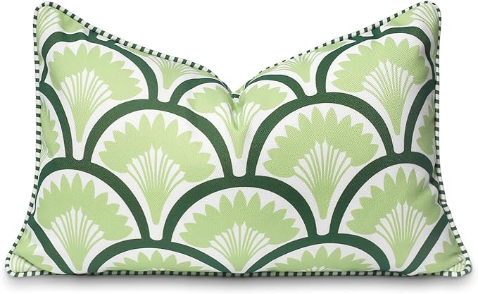 Hofdeco Premium Coastal Patio Indoor Outdoor Lumbar Pillow Cover Only, 12"x20" Water Repellent for Backyard, Couch, Green Print Tropical Ravenala Palm Tree