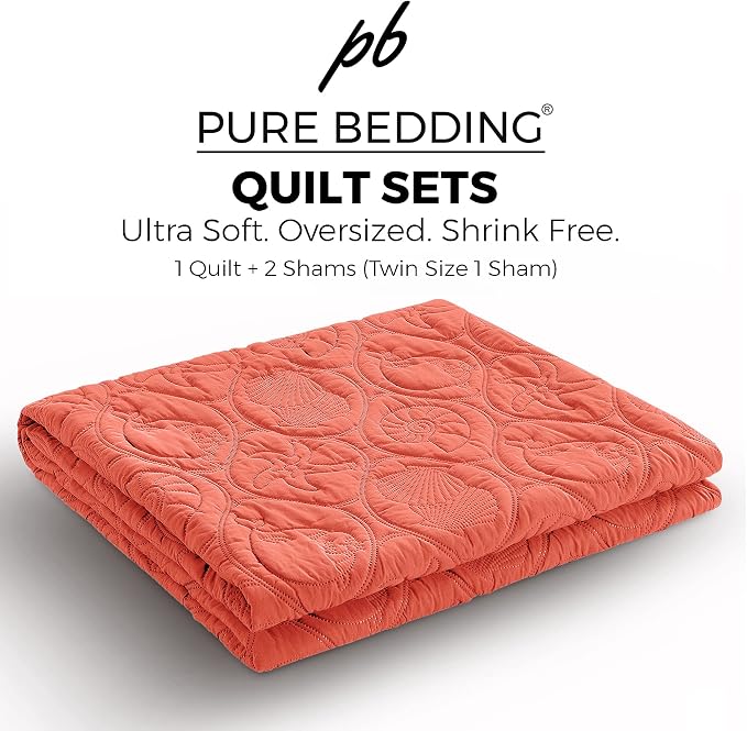 Pure Bedding Quilt Set King/Cal King/California King Size Coral - Oversized Bedspread - Microfiber Coverlet - Includes 1 Quilt and 2 Shams, Ocean Star Pattern