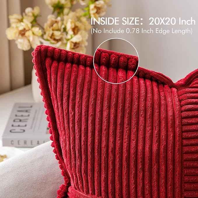MIULEE Decorative Throw Pillow Covers for Couch 20x20 Inch Red 2 Pack | Boho Broadside Striped Patchwork Pillow Covers, Soft Corduroy Cushion Cases, For Sofa Bed Livingroom Home Decor