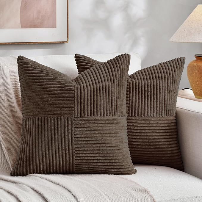 Fancy Homi 2 Packs Dark Brown Decorative Throw Pillow Covers 12x12 Inch with for Living Room Couch Bed, Rustic Farmhouse Boho Home Decor, Soft Corss Patchwork Corduroy Square Cushion Case 30x30 cm
