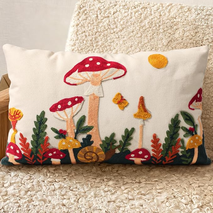 Embroidered Lumbar Pillow Cover 20x12 Inch, Mushroom Moon | Decorative Throw Pillow Cover, Boho Cottagecore Cushion Case with Hidden Zipper, Home Decor for Couch, Sofa, Living Room