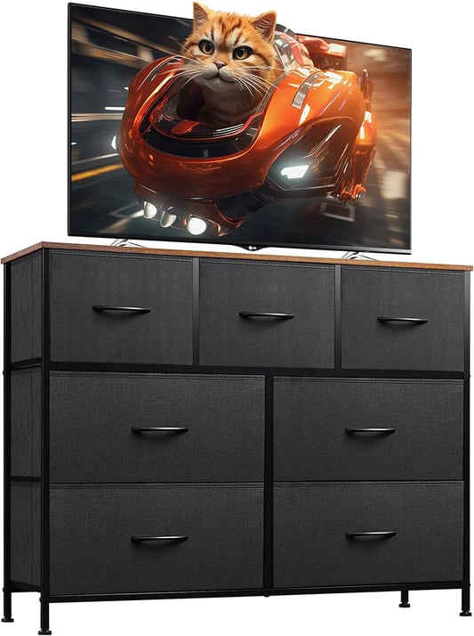 WLIVE Dresser for Bedroom, 7 Drawers, TV Stand, Rustic Brown | 7 roomy fabric drawers, Fits TVs up to 45 inch, Bedroom or living room, Wide storage design, Chest of drawers