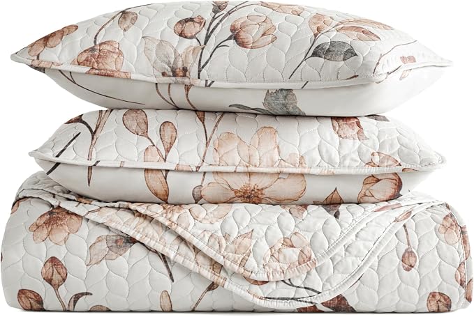 Merit Linens 3 Piece Quilt Set - Super Soft - Lightweight - All Season Quilted Coverlet - Timeless Patterns - King/Cal-King Natural